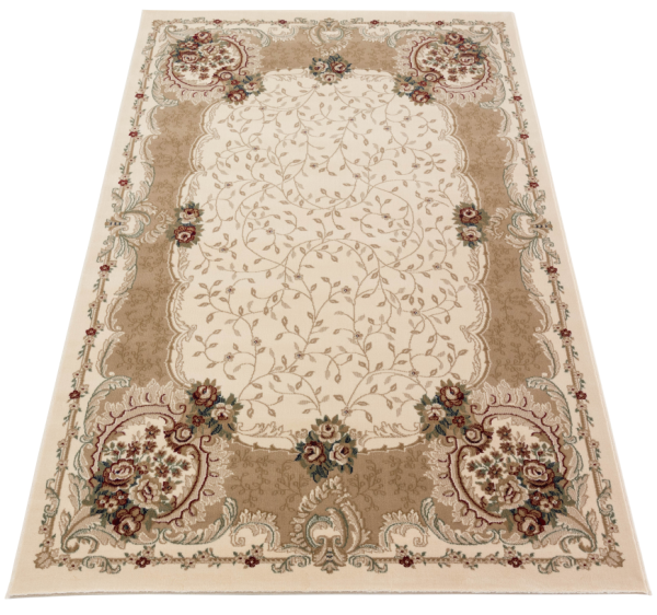 Elegant Synthetic Cream Oriental Rug with Floral Beige Border | Timeless Decor for Your Interior